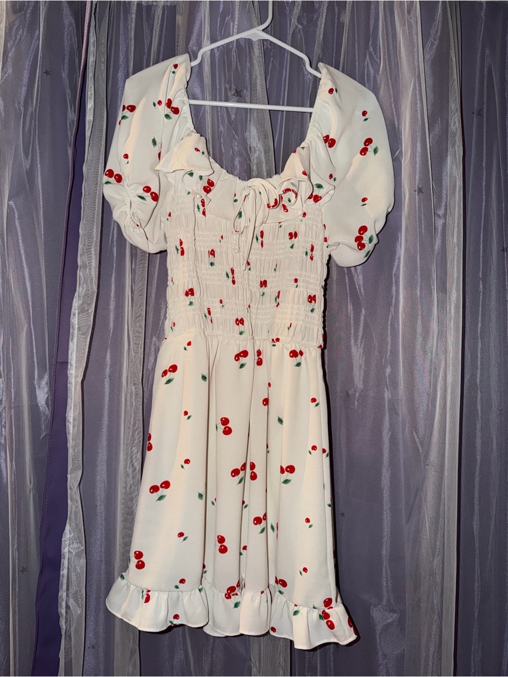 liberty White Cherry Print Puff Sleeve Mini Dress